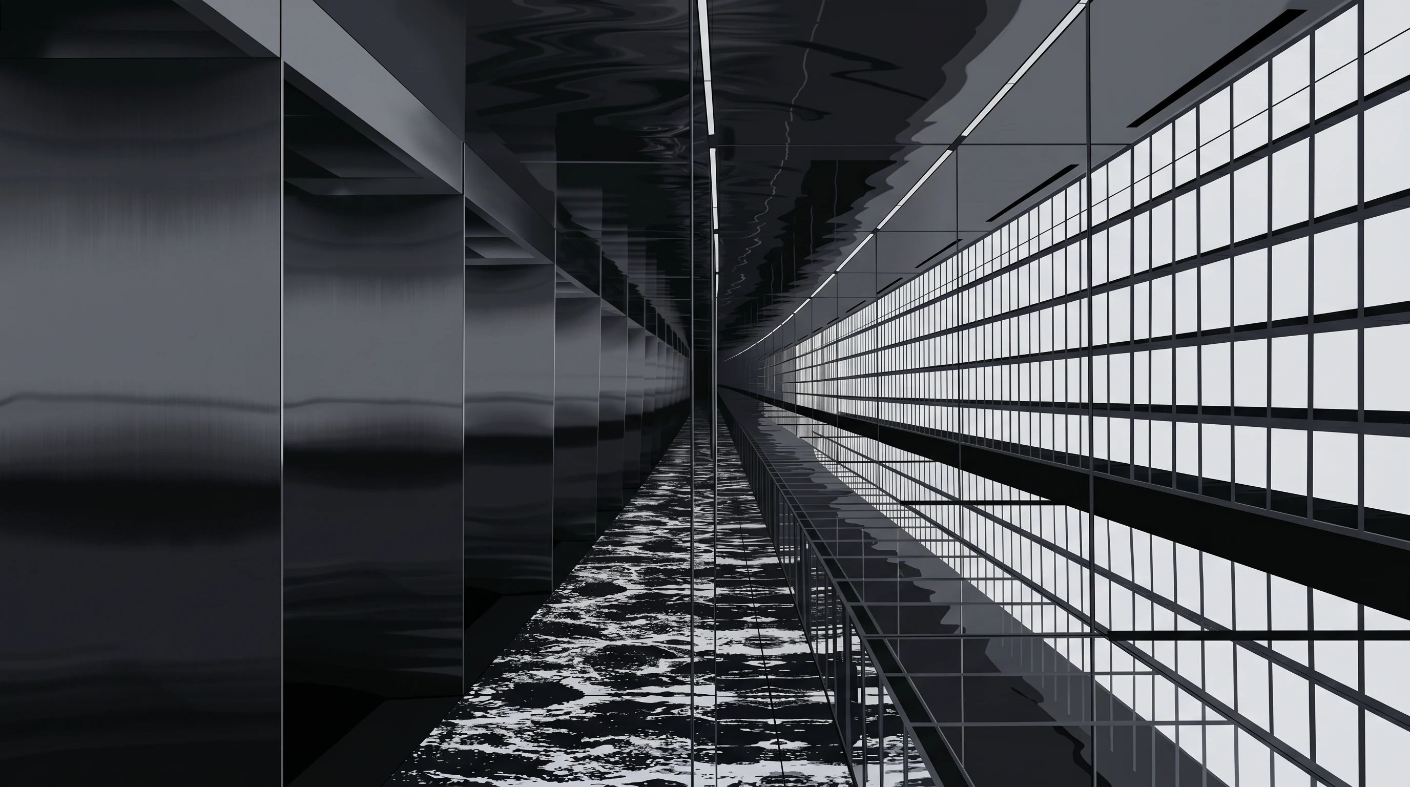 A vast industrial hall with steel columns and a luminous grid of windows